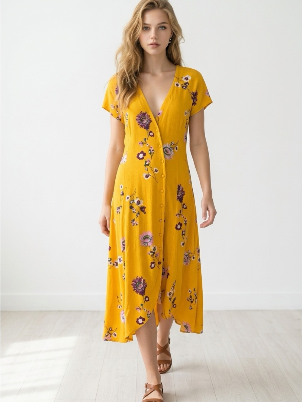 Free People Lost In You Floral Button-Front Midi Dress in Mustard - Picture 2 of 10